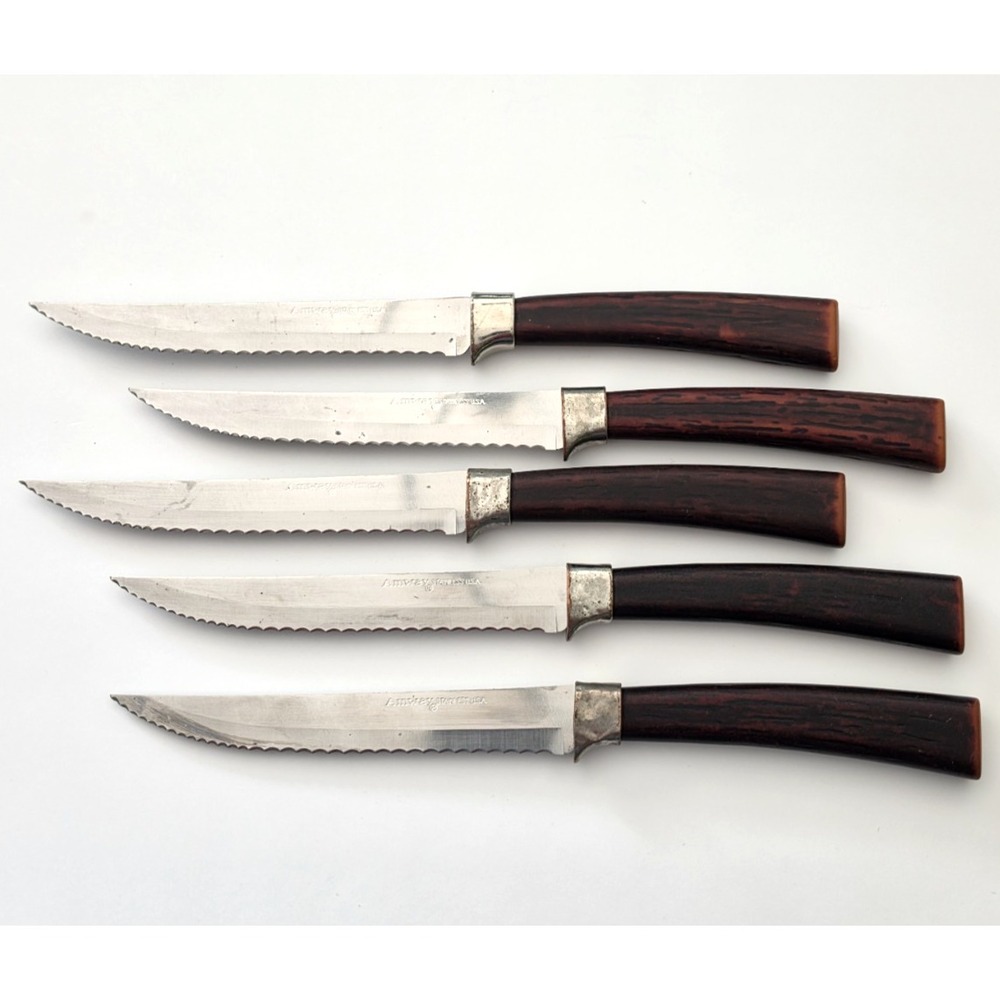 Vtg Amway Steak Knives Stainless Steel USA Set of 5 Bakelite Handle Faux Antler